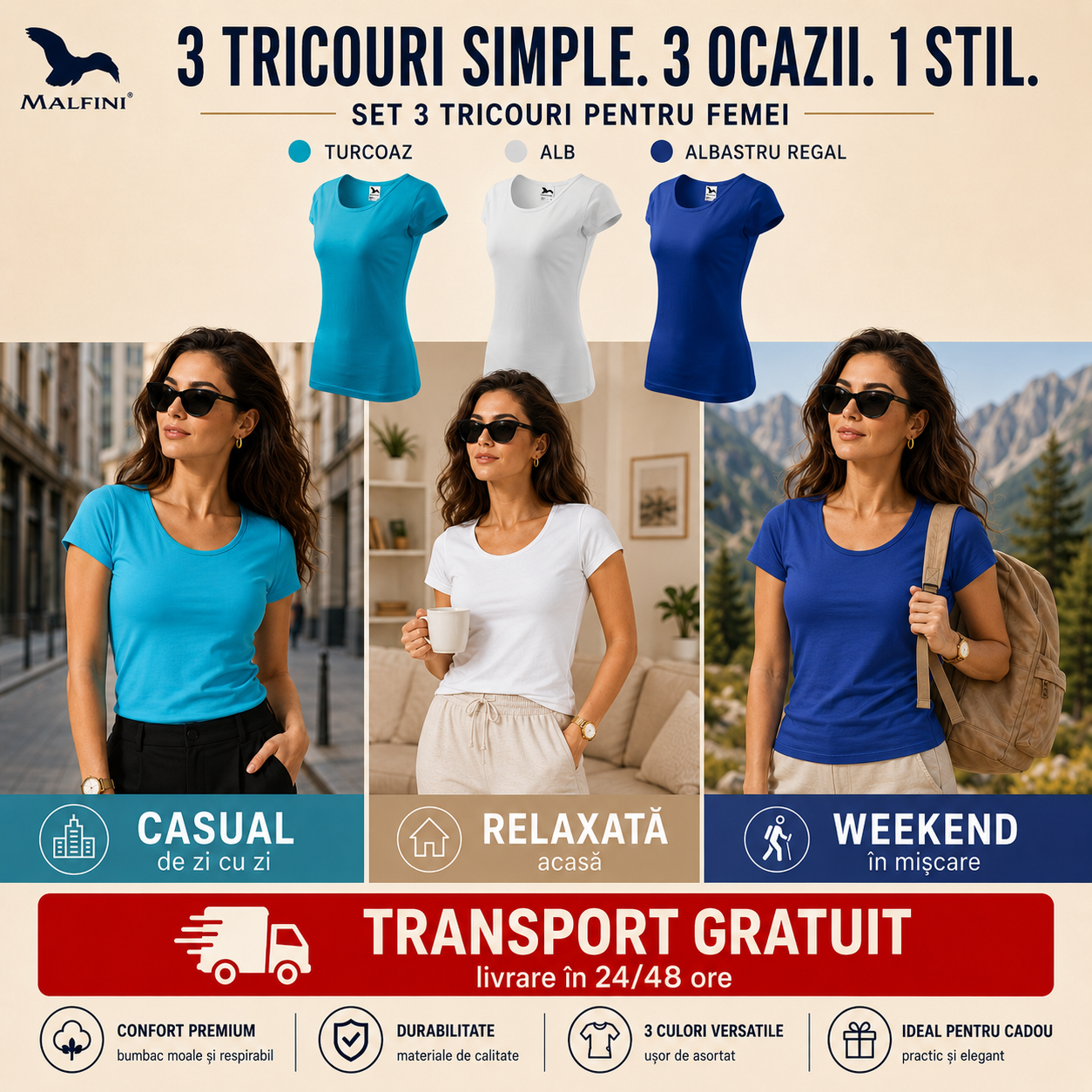 Tricouri damă din bumbac 100% cu decolteu alb turcoaz albastru regal elegant casual
